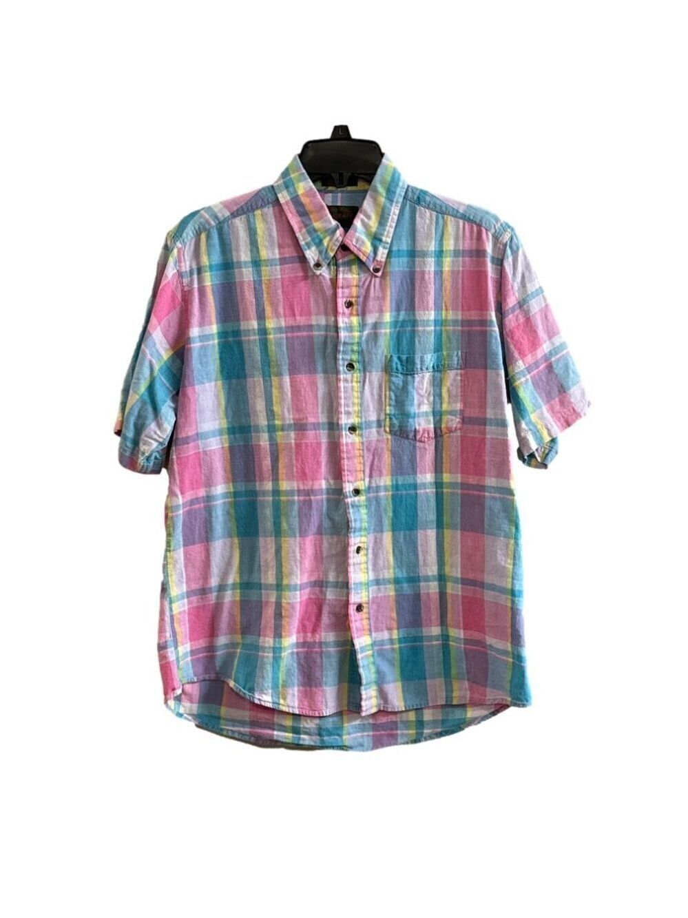 Men's Scott Foster Pink Plaid Short Sleeve Button Up Shirt. Size L